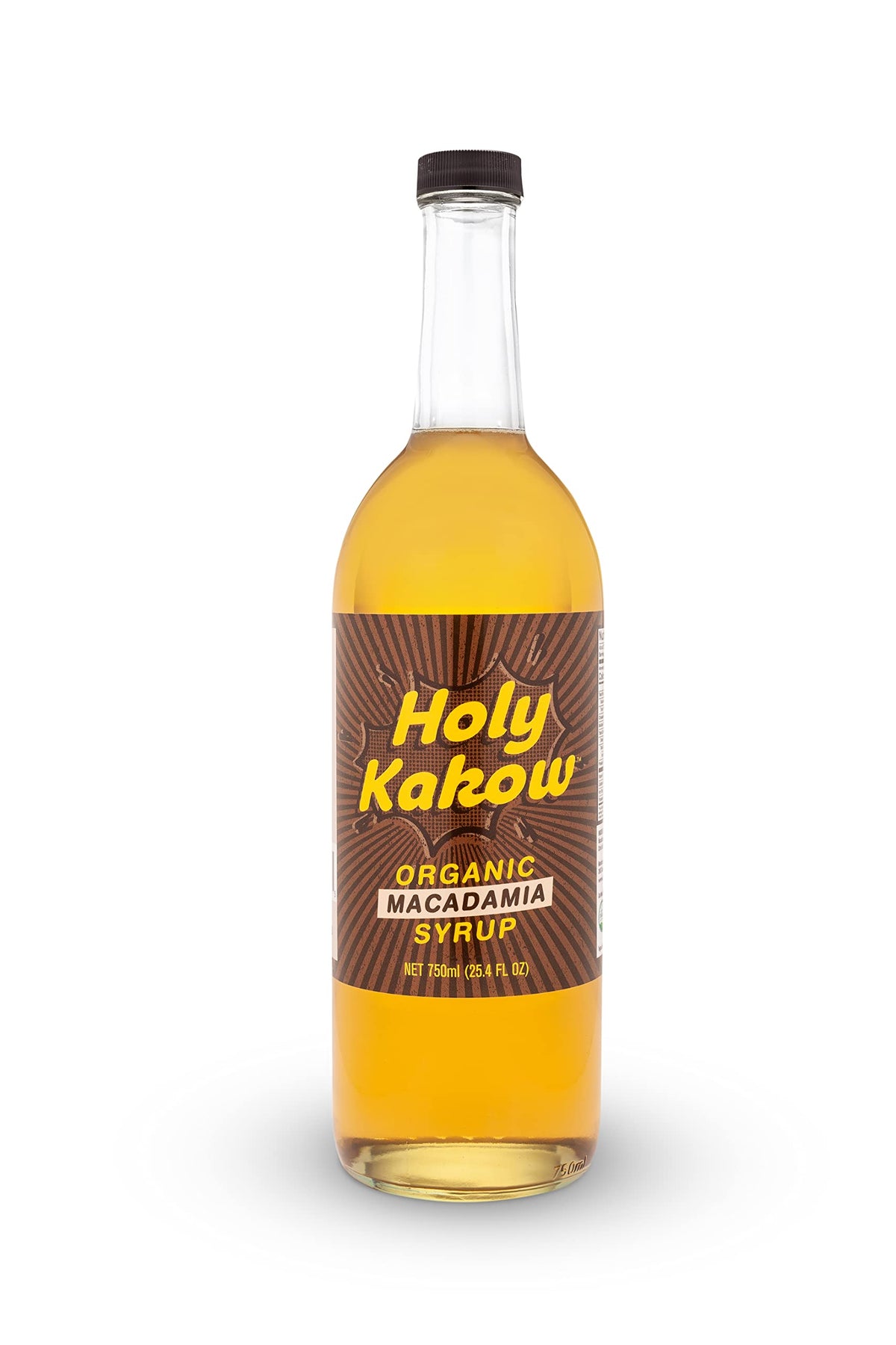 Holy Kakow Macadamia Syrup bottle highlighting real ingredients for rich coffee flavor