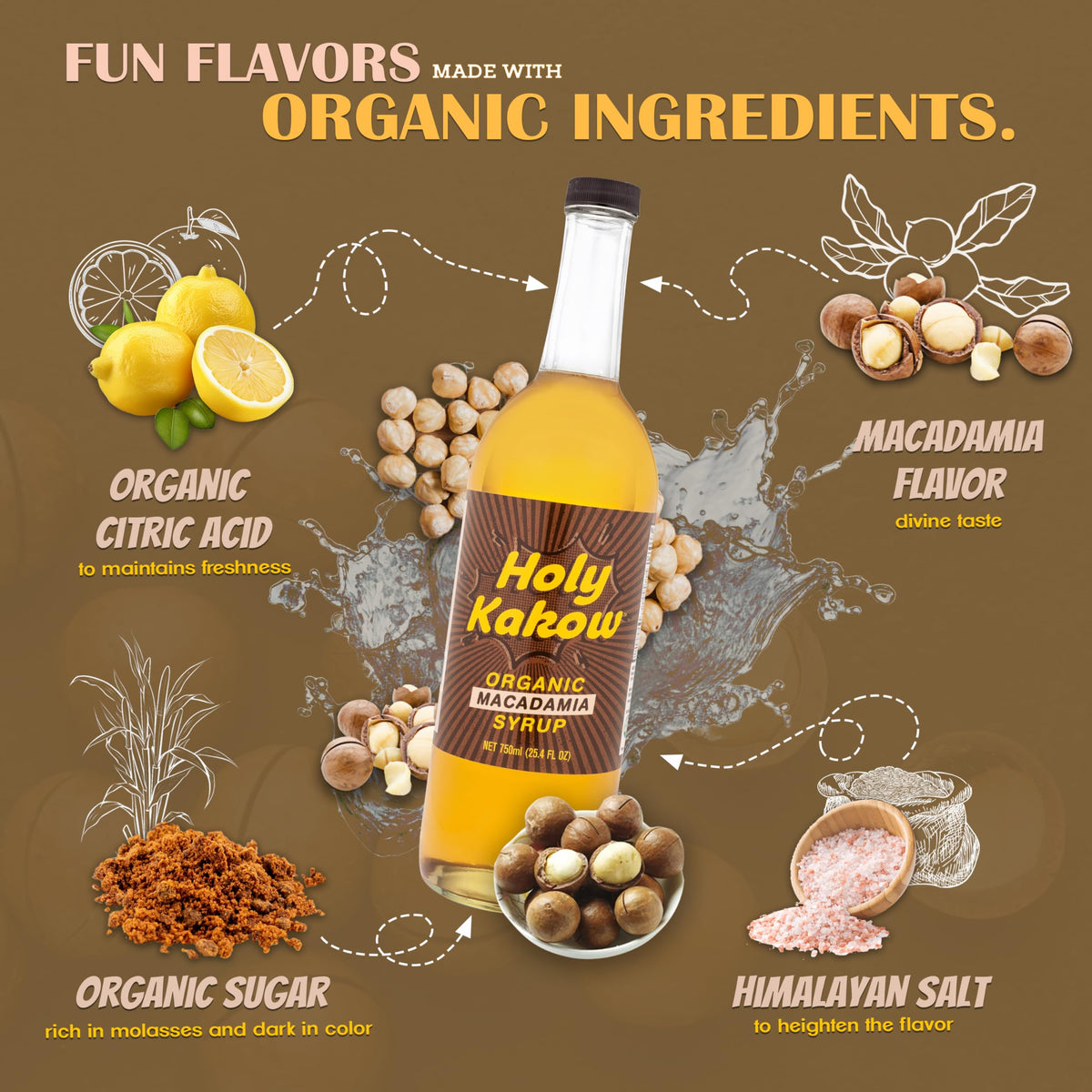 Close-up of Holy Kakow Macadamia Syrup label and packaging design