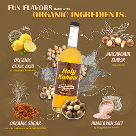 Close-up of Holy Kakow Macadamia Syrup label and packaging design