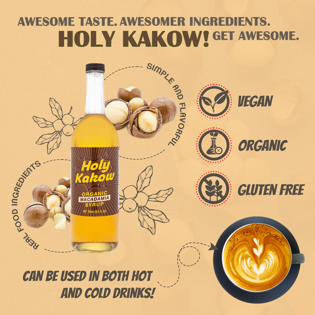 Pouring Holy Kakow Macadamia Syrup into a latte for a smooth finish