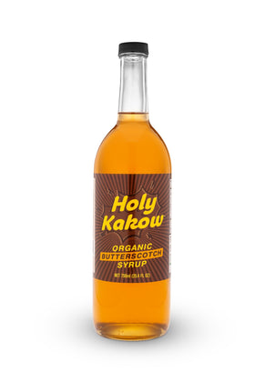 Holy Kakow organic butterscotch syrup bottle adds rich coffee flavor.