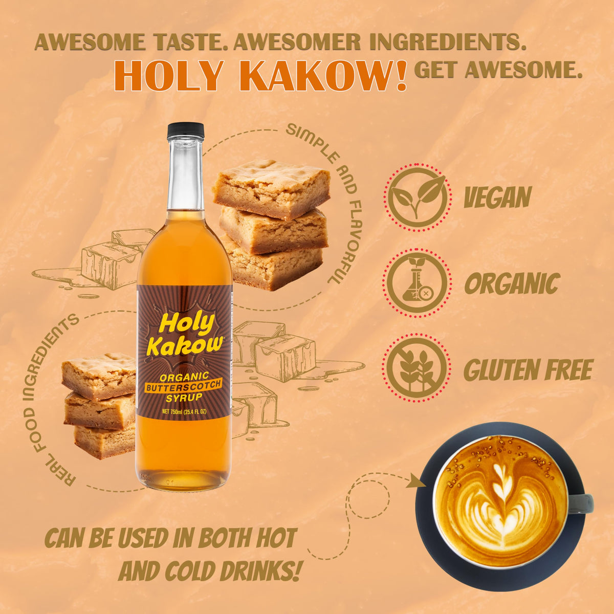 Pouring Holy Kakow butterscotch syrup adds glossy texture for drinks.