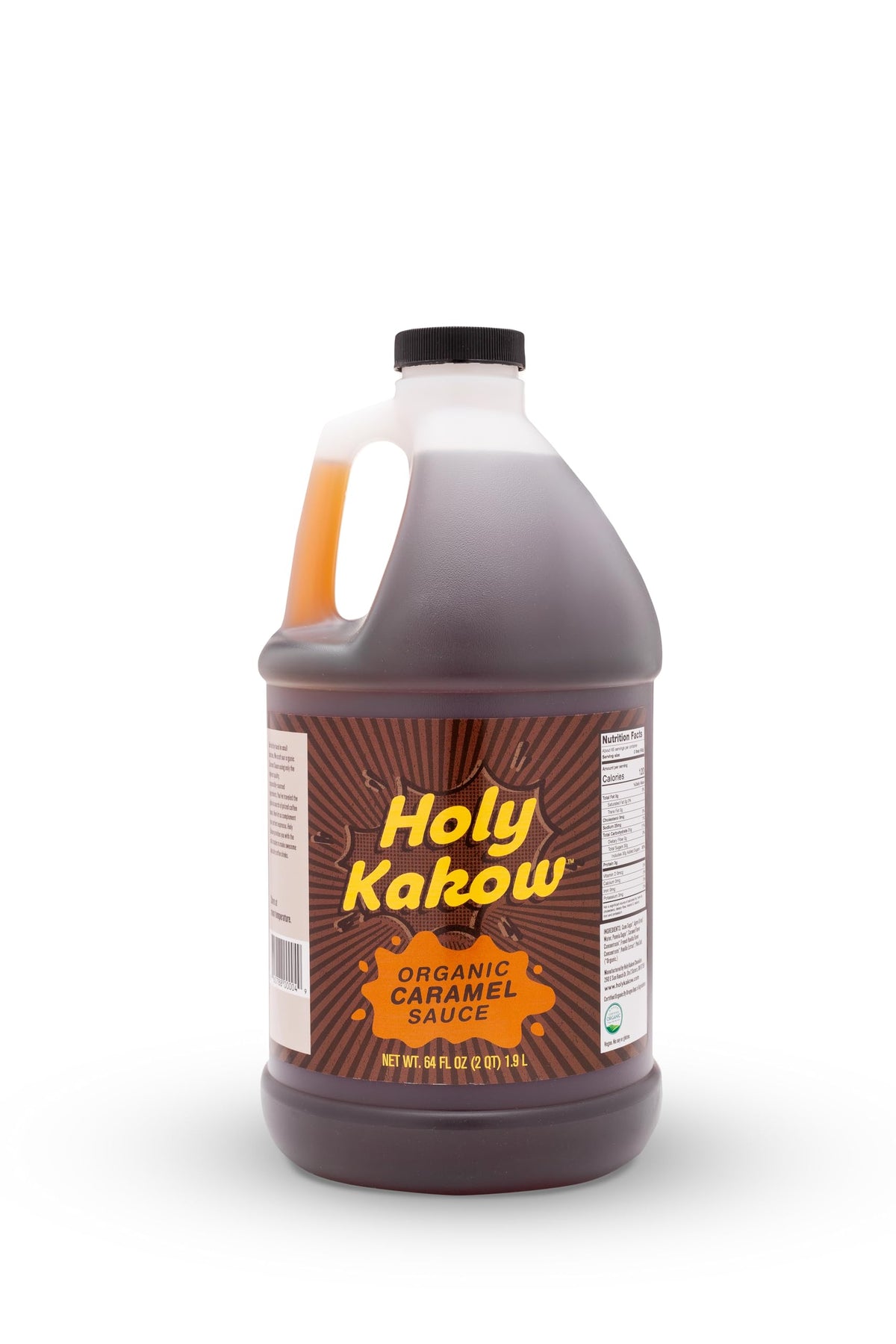 Holy Kakow Organic Caramel Sauce bottle ready for pouring over coffee