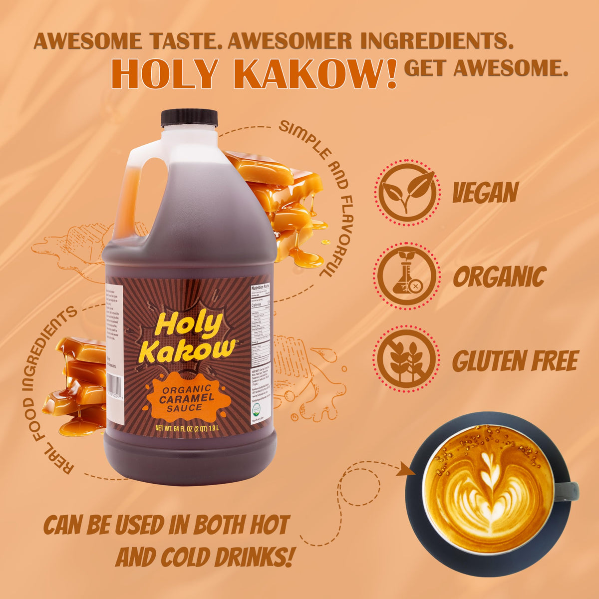 Holy Kakow Organic Caramel Sauce drizzle over coffee reveals rich flavor