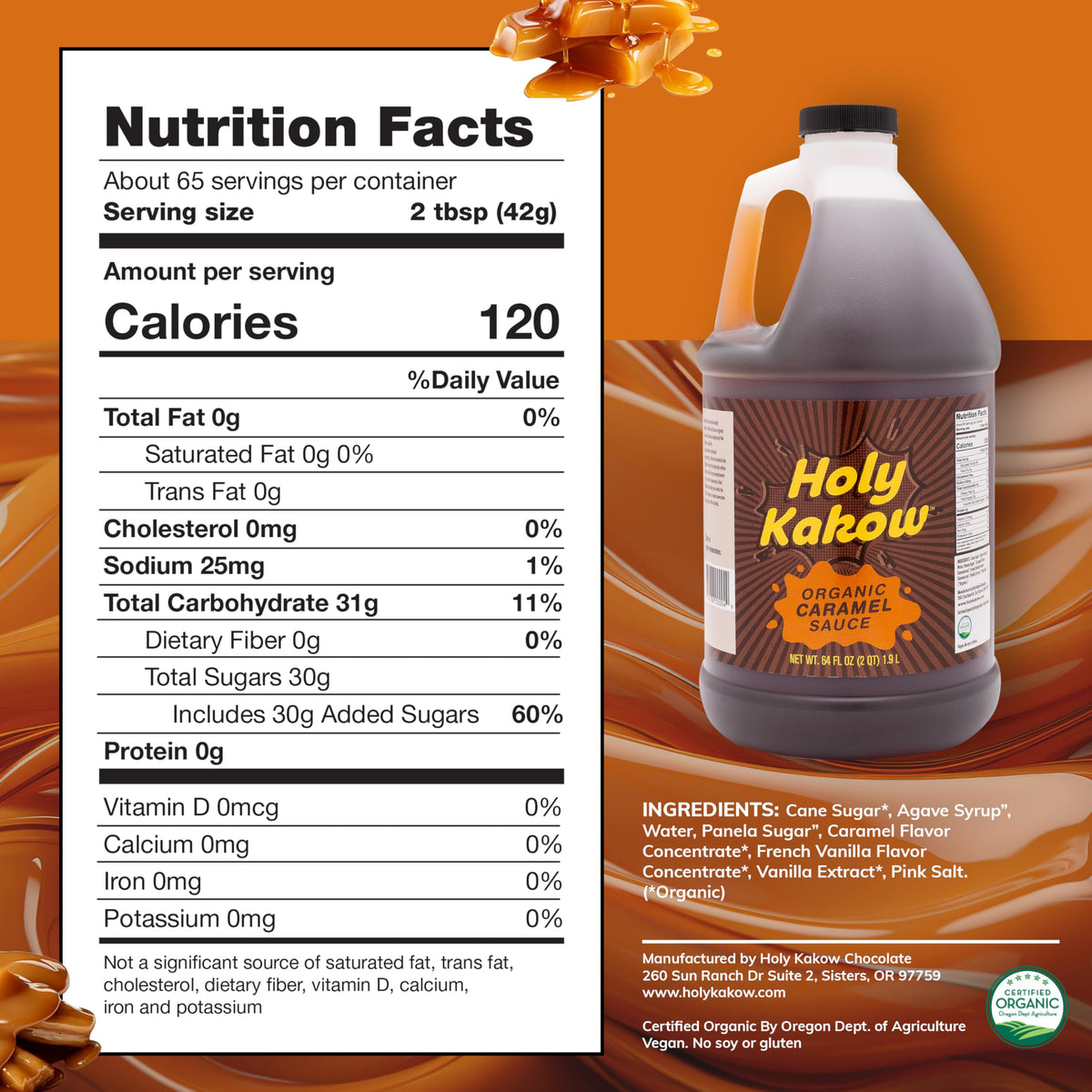 Holy Kakow Organic Caramel Sauce label close-up highlights clean ingredients