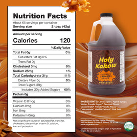 Holy Kakow Organic Caramel Sauce label close-up highlights clean ingredients