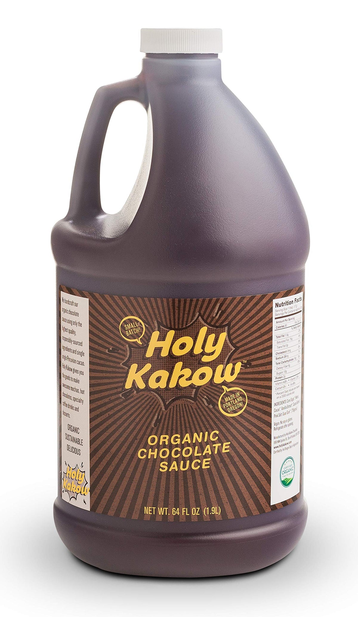 Holy Kakow Organic Chocolate Syrup bottle showing versatile dessert use.