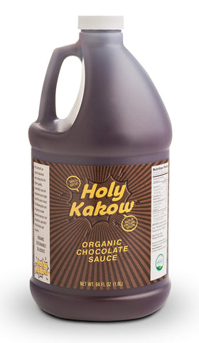 Holy Kakow Organic Chocolate Syrup bottle showing versatile dessert use.
