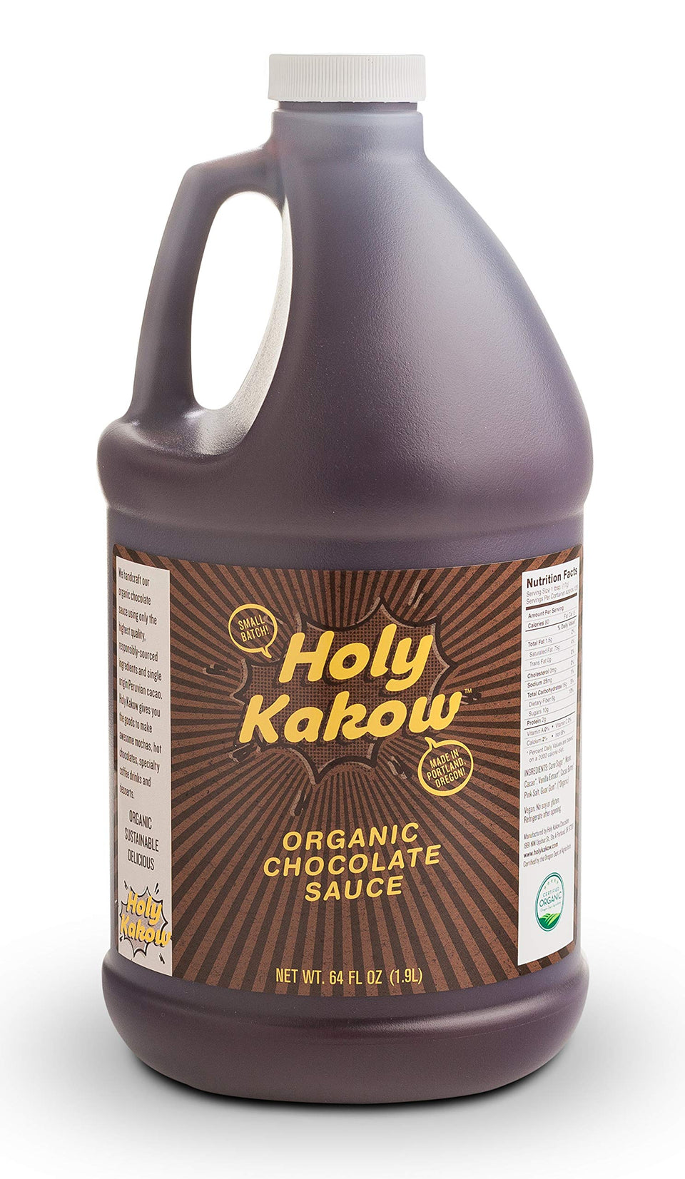Holy Kakow Organic Chocolate Syrup bottle showing versatile dessert use.
