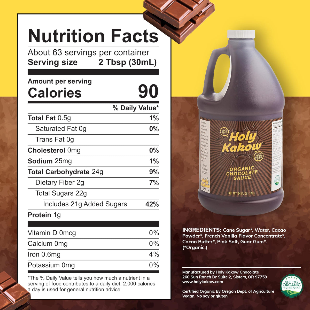 Holy Kakow Organic Chocolate Syrup close-up highlights depth from Colombian sugar.