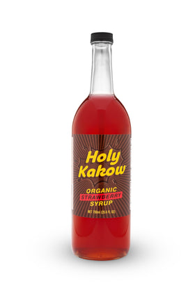 Holy Kakow Organic Strawberry Syrup bottle ready for use in drinks and desserts.