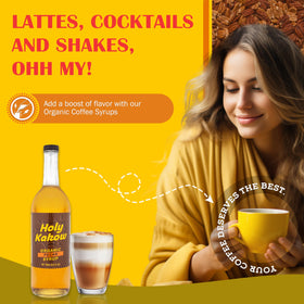 Close-up of syrup topping a latte for nutty aroma and depth