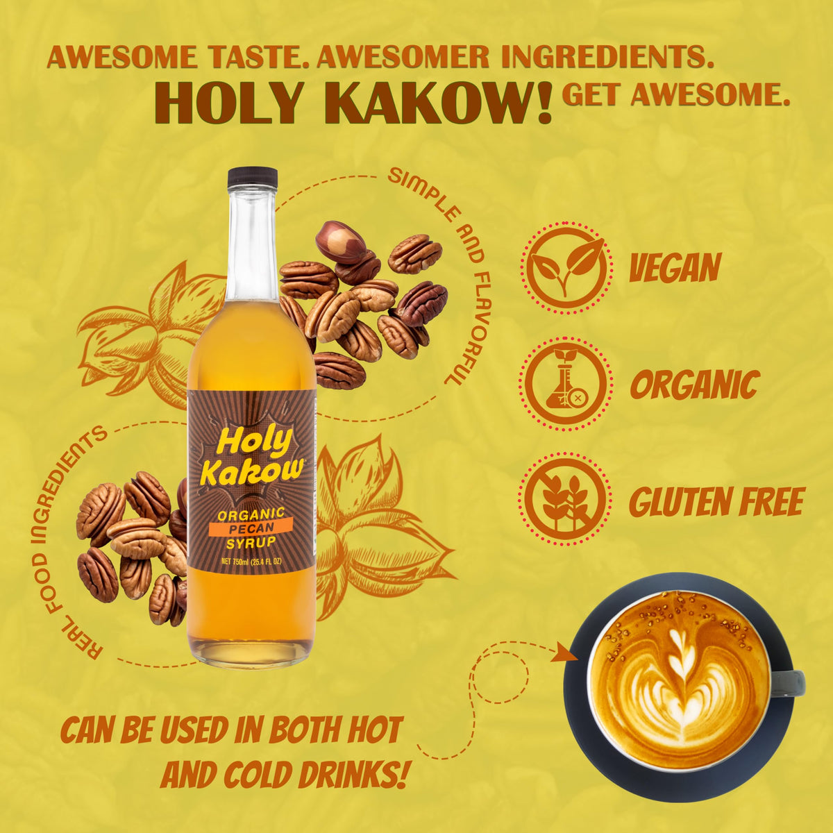 Pouring Holy Kakow Pecan Syrup to enhance a latte with natural sweetness