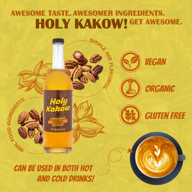 Pouring Holy Kakow Pecan Syrup to enhance a latte with natural sweetness