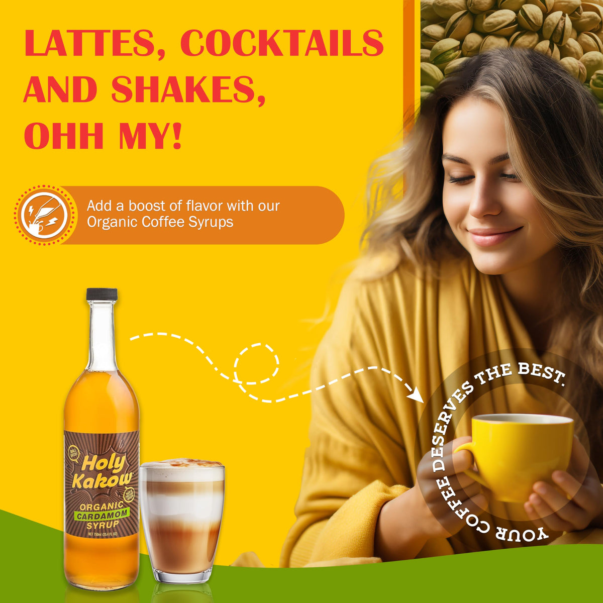 Holy Kakow Pistachio Syrup ingredients scene highlights real foods for lasting flavor.