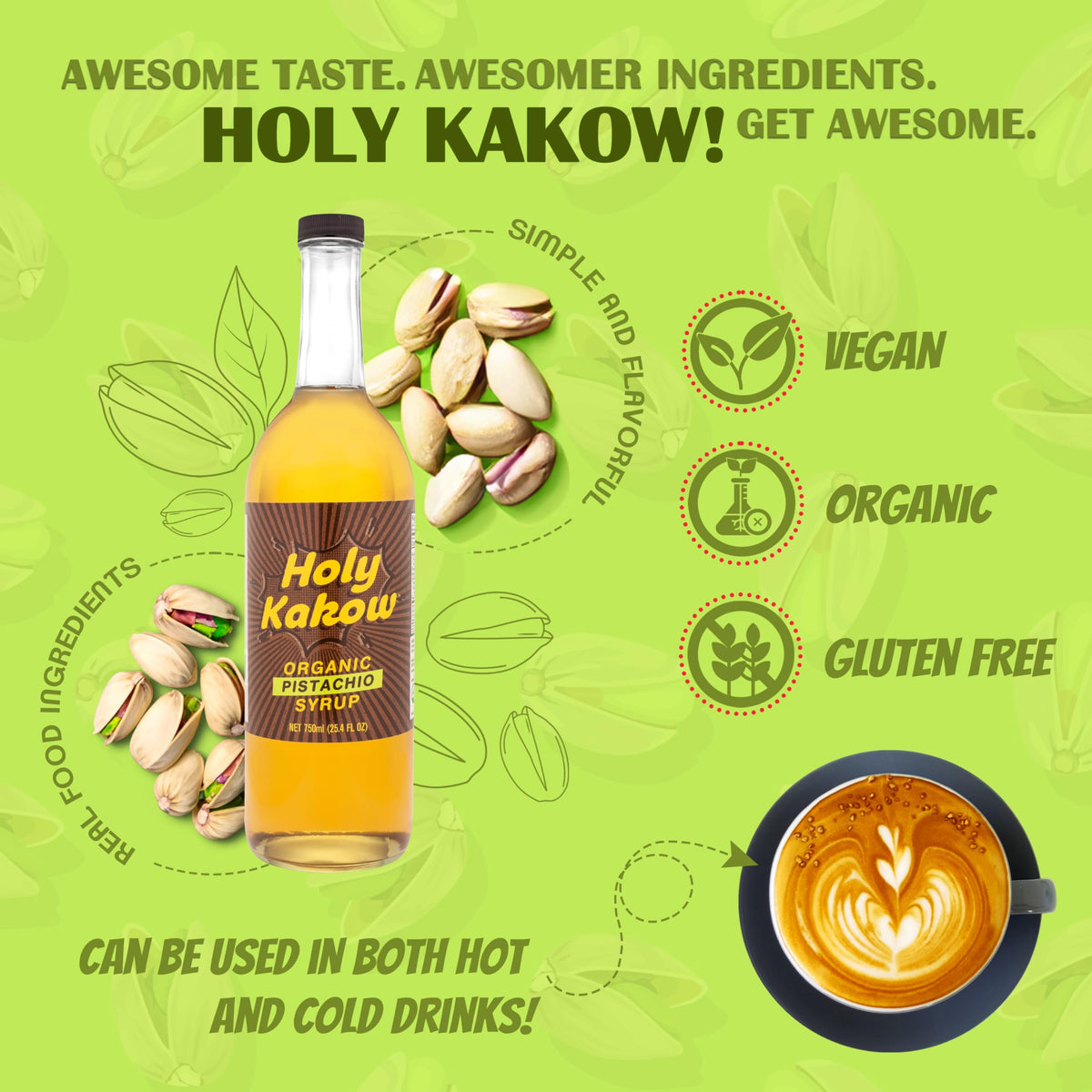 Holy Kakow Pistachio Syrup pour creates creamy latte art with a nutty aroma.