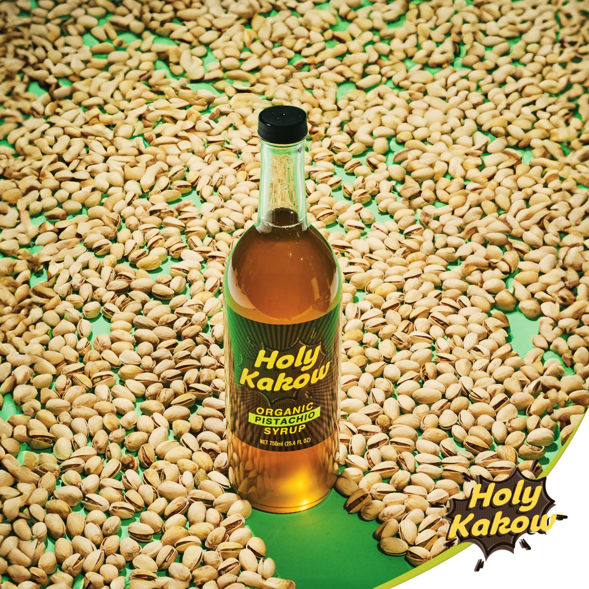 Holy Kakow Pistachio Syrup packaging-display highlights small-batch Oregon craftsmanship.