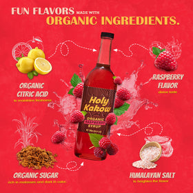Holy Kakow Raspberry Syrup close-up on the label highlighting organic ingredients.