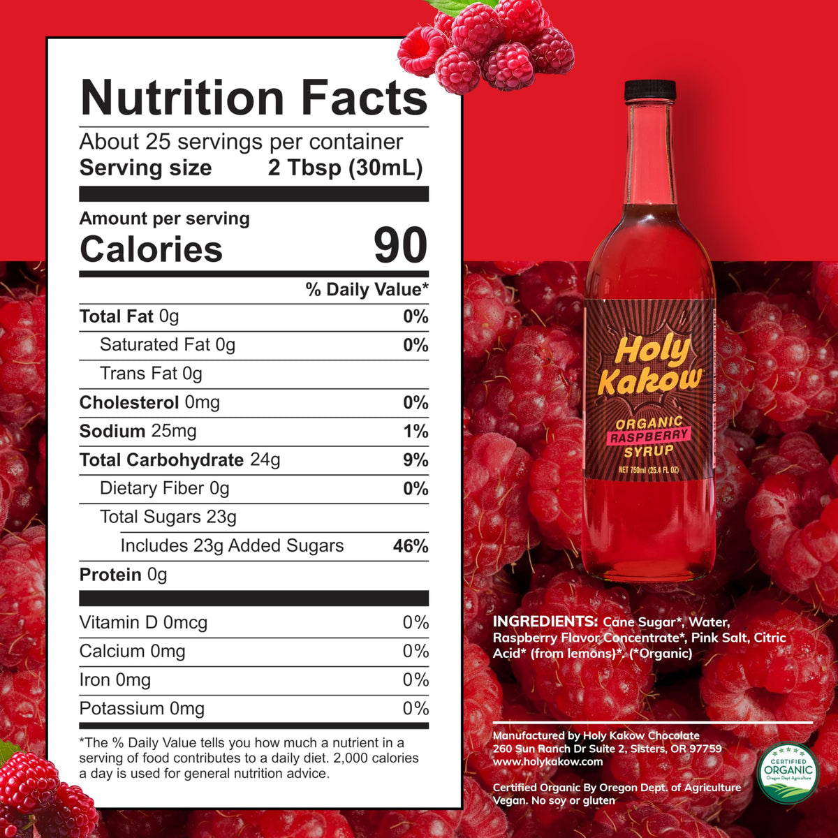 Holy Kakow Raspberry Syrup bottle with ingredients visible on the label.