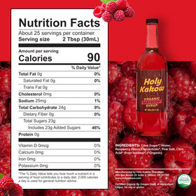 Holy Kakow Raspberry Syrup bottle with ingredients visible on the label.