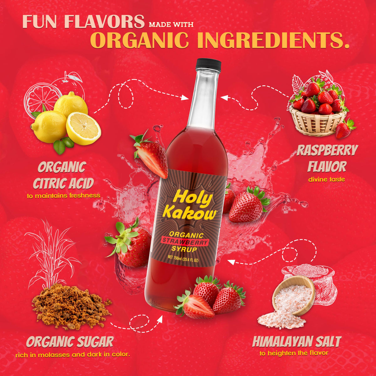 Close-up of Holy Kakow Syrup label highlighting dye-free, organic ingredients.