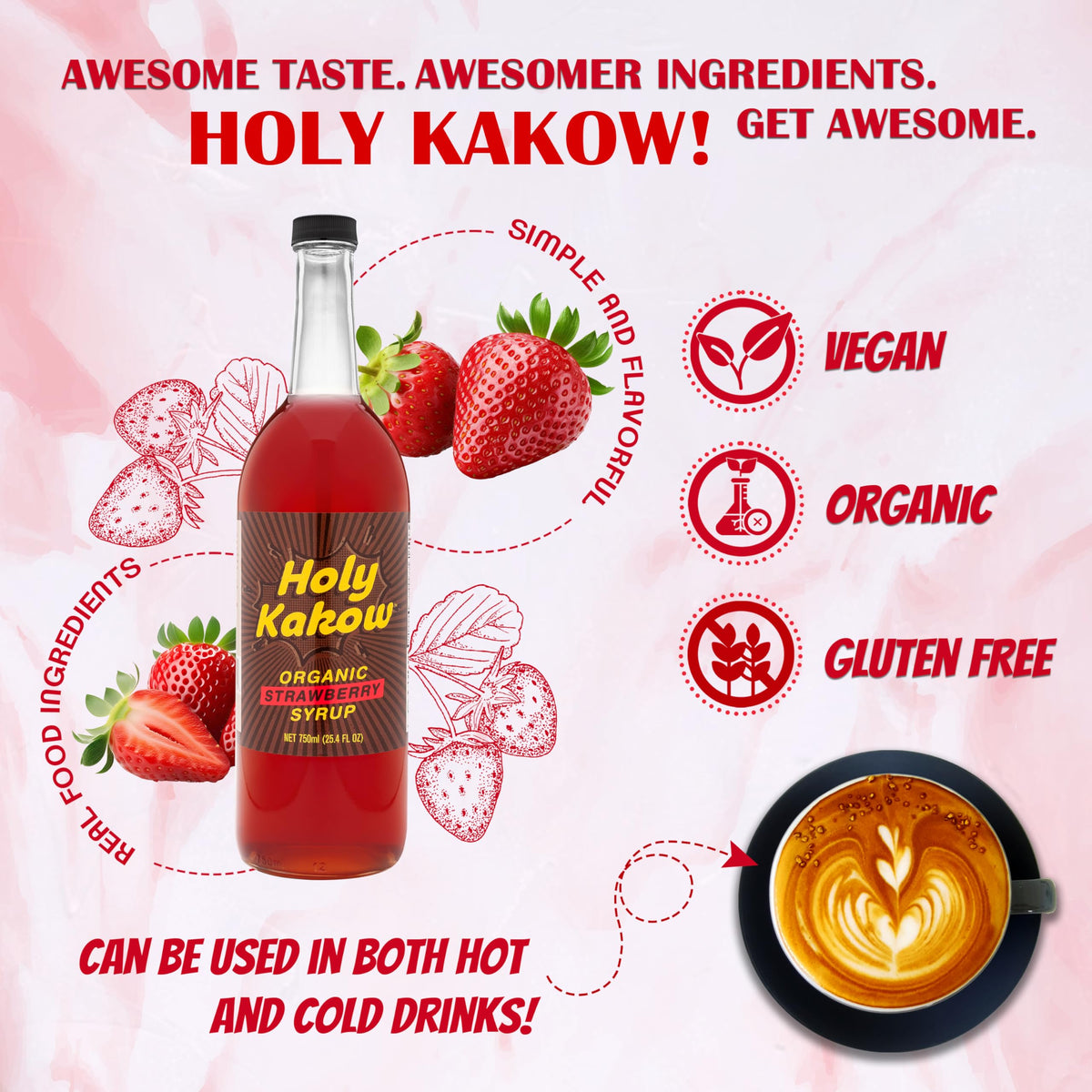 Pouring Holy Kakow Strawberry Syrup to add berry sweetness to beverages.