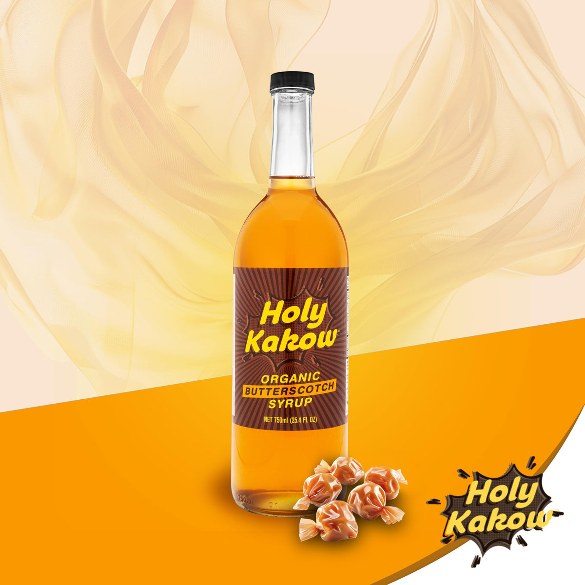 Holy Kakow syrup bottle closeup emphasizing gluten-free, vegan formula.