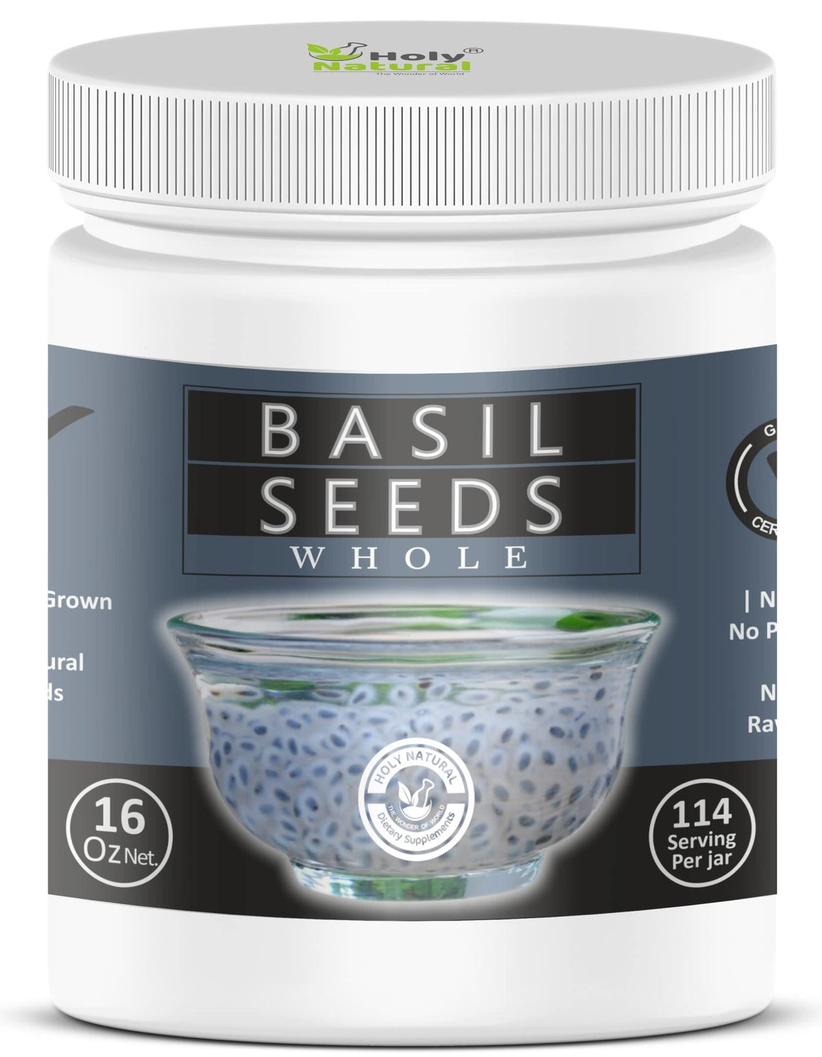 Holy Natural Basil Seeds jar close-up showcasing fiber content for hydration