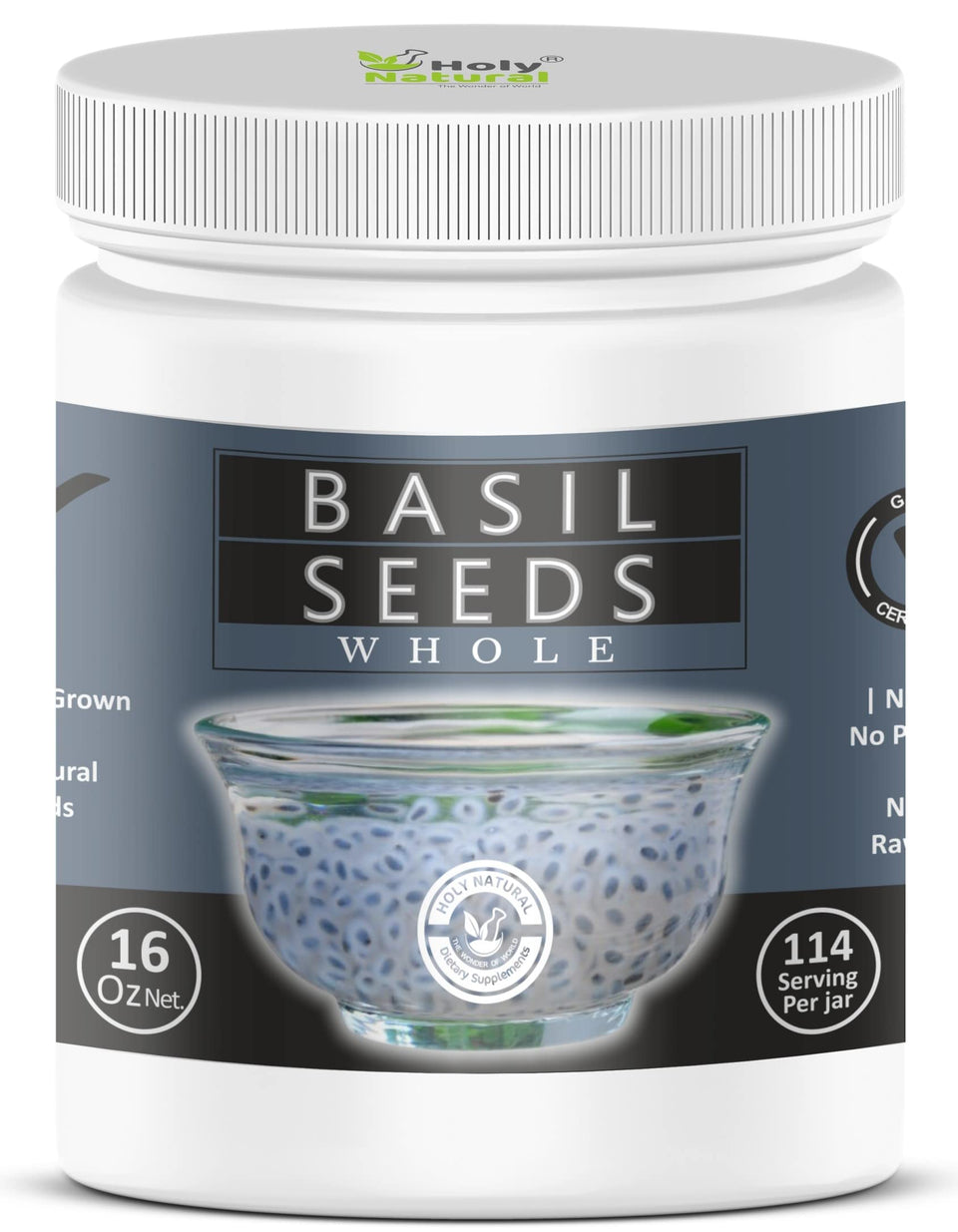 Holy Natural Basil Seeds jar close-up showcasing fiber content for hydration