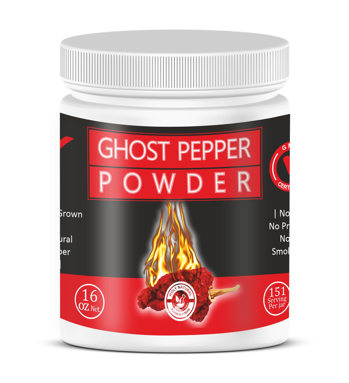Holy Natural Ghost Pepper Powder bottle shows smoked flavor for bold dishes