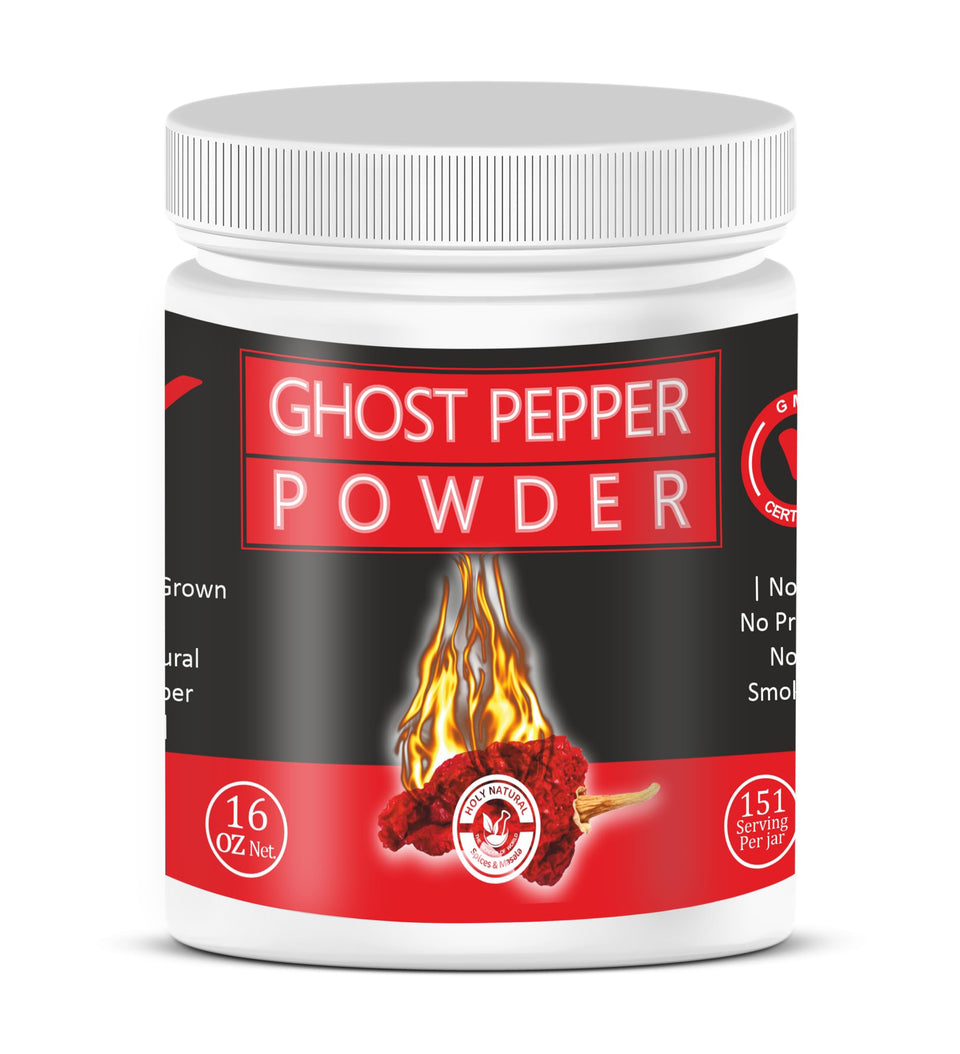 Holy Natural Ghost Pepper Powder bottle shows smoked flavor for bold dishes
