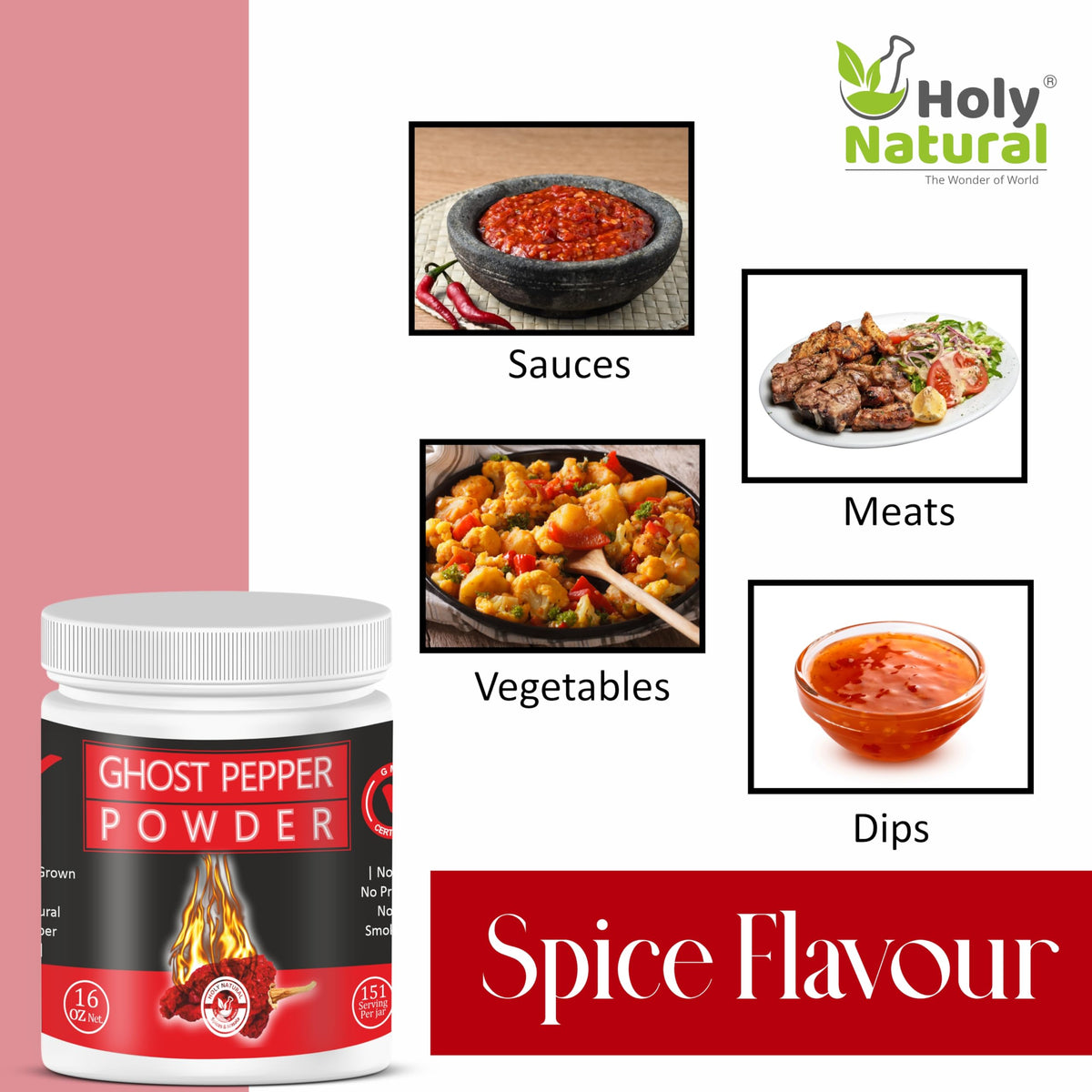 Holy Natural Ghost Pepper Powder hand measure demonstrates precise, small amounts for heat