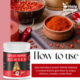 Holy Natural Ghost Pepper Powder label detail emphasizes brand and purity cues