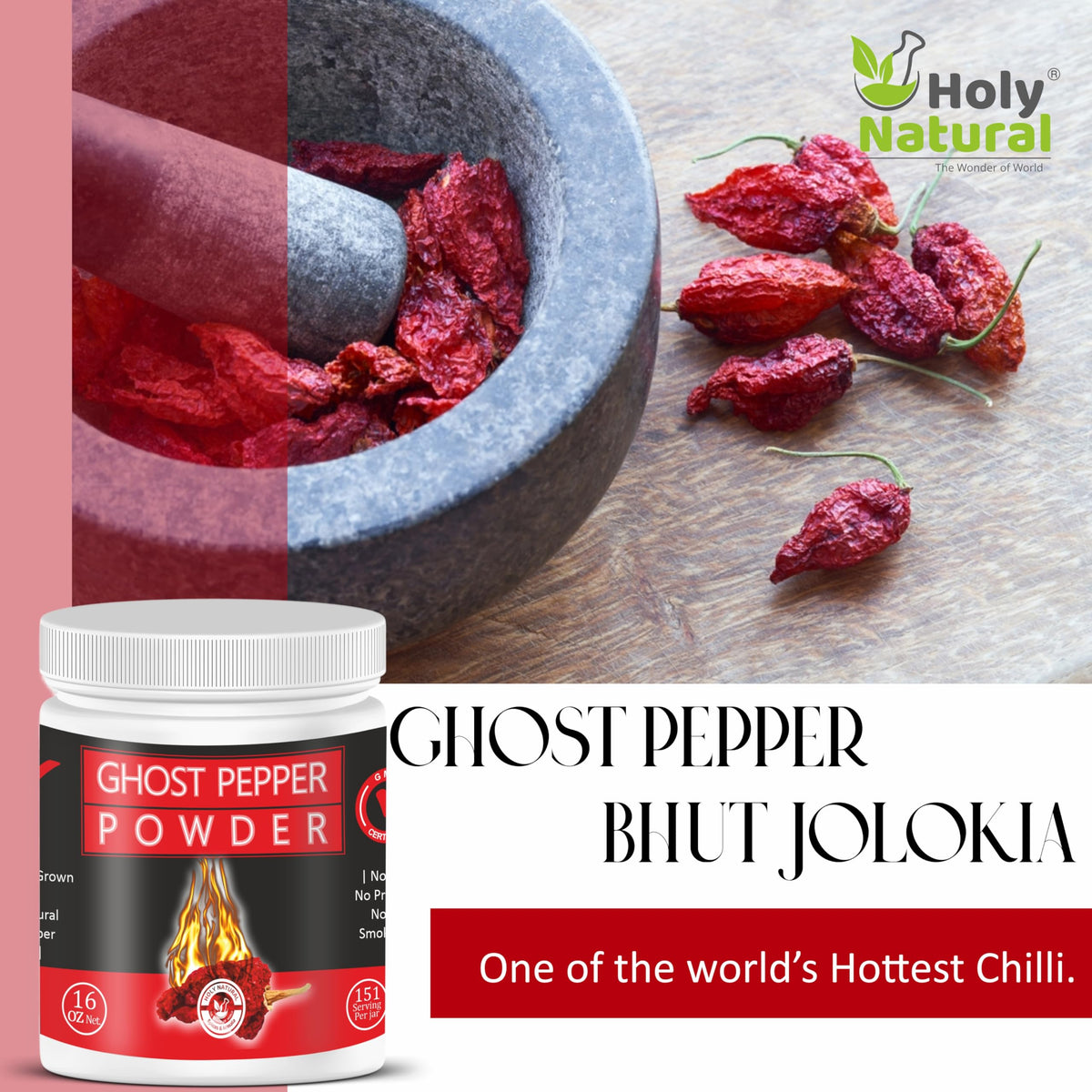 Holy Natural Ghost Pepper Powder packaging signals premium quality and purity