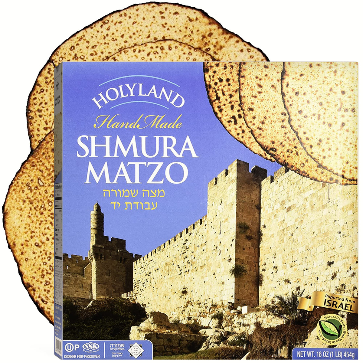 Packaging for Holyland Shmura Matzo highlighting handmade, all-natural quality for Israel-made matzo