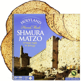 Packaging for Holyland Shmura Matzo highlighting handmade, all-natural quality for Israel-made matzo