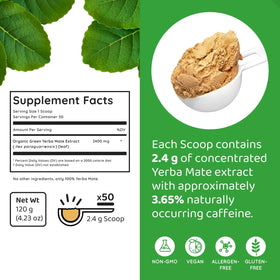 HOLYMARY Yerba Mate Instant Tea ingredients label shows pure organic source.