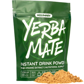 HOLYMARY Yerba Mate Instant Tea packaging shows pure organic concentrate for clean energy.