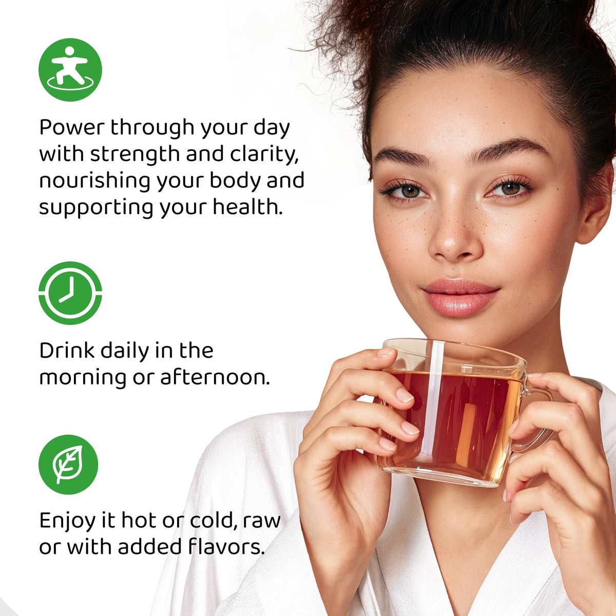 Prepared cup of HOLYMARY Yerba Mate Instant Tea ready to energize your day.