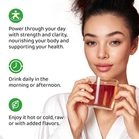 Prepared cup of HOLYMARY Yerba Mate Instant Tea ready to energize your day.