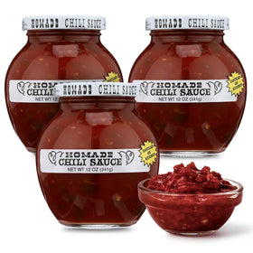Homade Chili Sauce 3-pack on kitchen counter for easy, versatile meals.