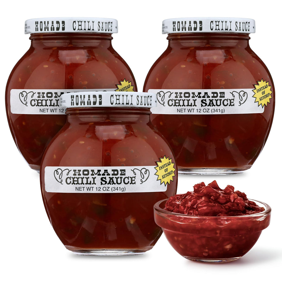 Homade Chili Sauce 3-pack on kitchen counter for easy, versatile meals.