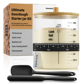 HomeFeel Premium Sourdough Starter Jar 50 oz showing large capacity for multiple batches.