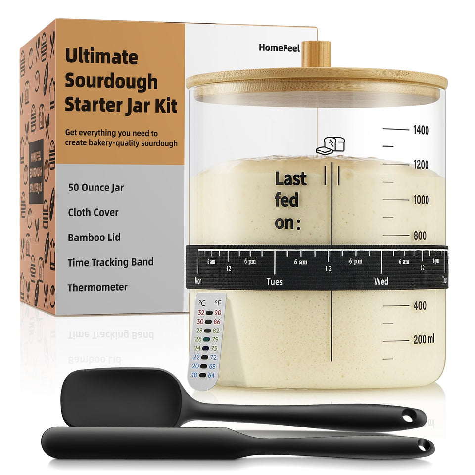HomeFeel Premium Sourdough Starter Jar 50 oz showing large capacity for multiple batches.