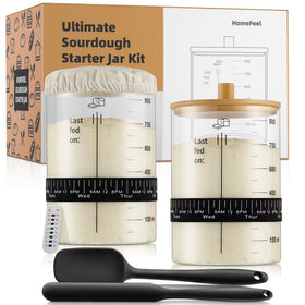 HomeFeel Premium Sourdough Starter Jar with bamboo lid keeps starter fresh for slow-fermentation.