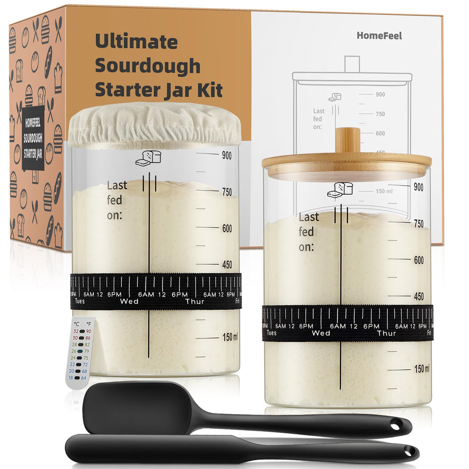 HomeFeel Premium Sourdough Starter Jar with bamboo lid keeps starter fresh for slow-fermentation.