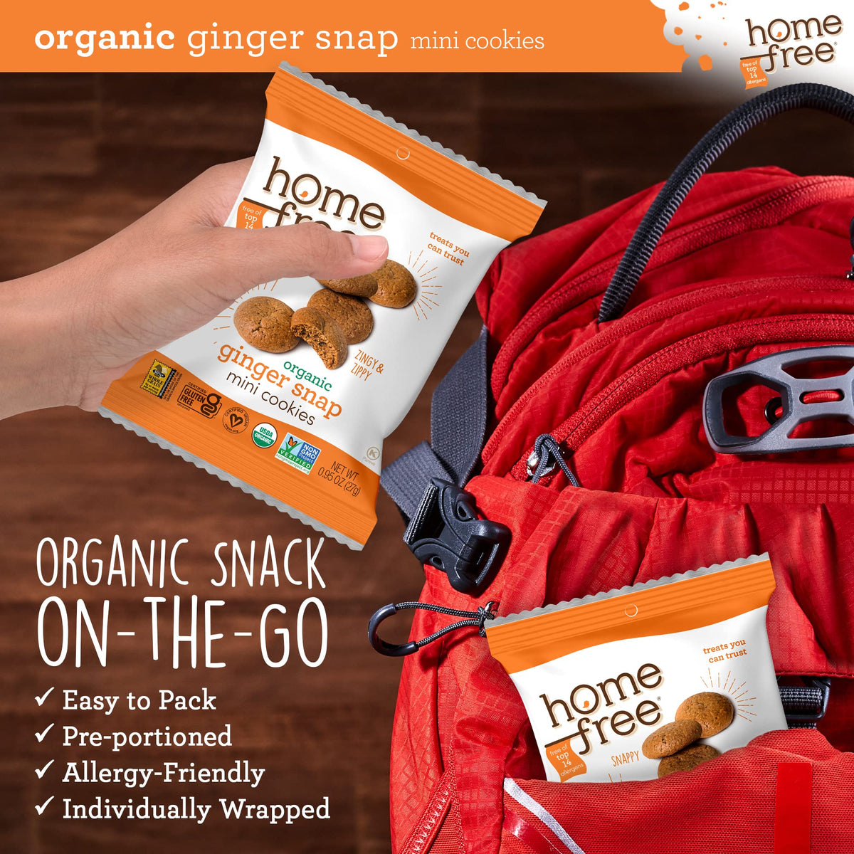 Homefree Ginger Snap minis close-up, crisp flavor and bite-sized texture for quick treats