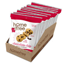 Homefree gluten-free mini chocolate chip cookies in a convenient 10-pack for easy snacking.