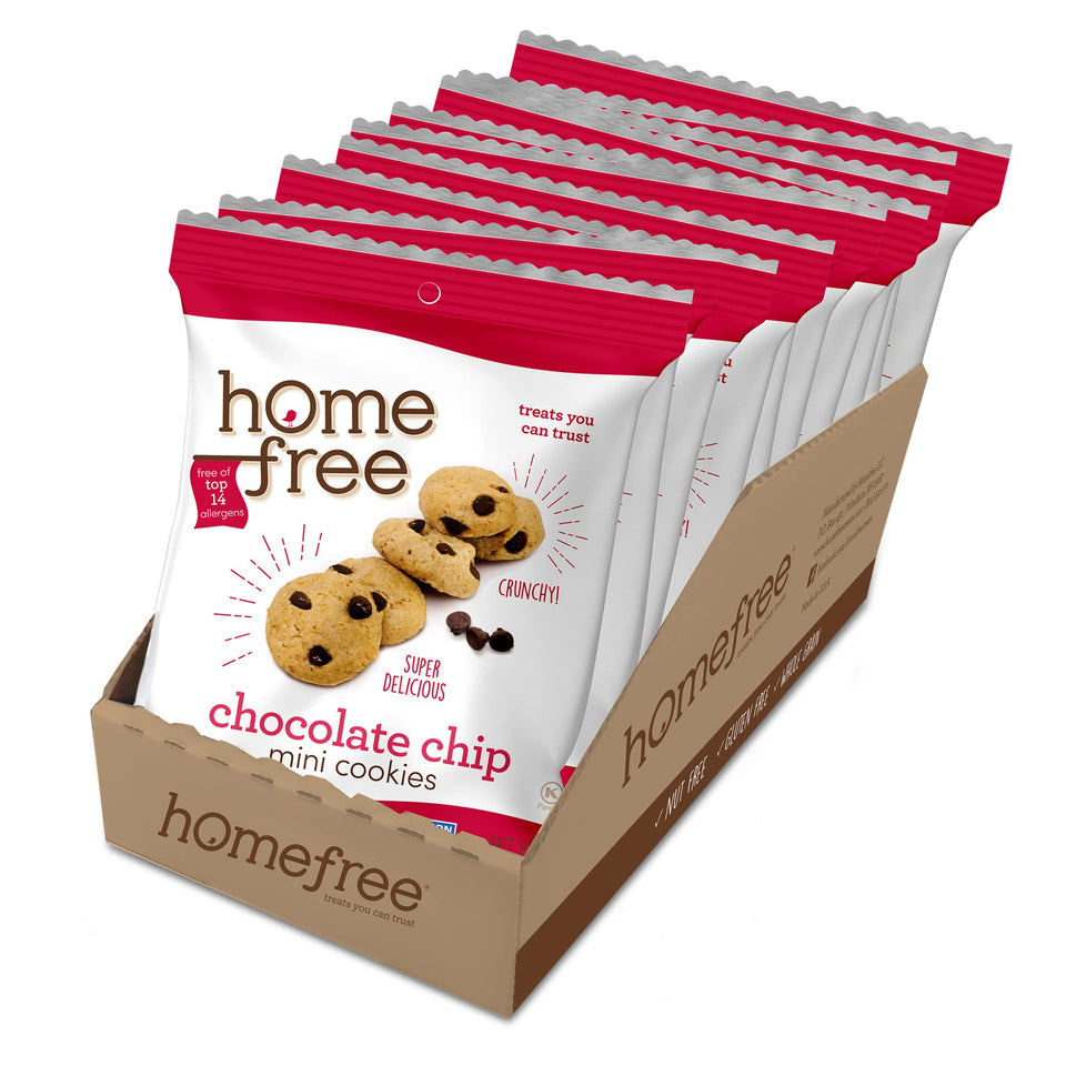 Homefree gluten-free mini chocolate chip cookies in a convenient 10-pack for easy snacking.