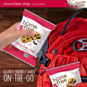 Close-up of Homefree gluten-free mini cookies with visible chocolate chips for a crave-worthy bite.